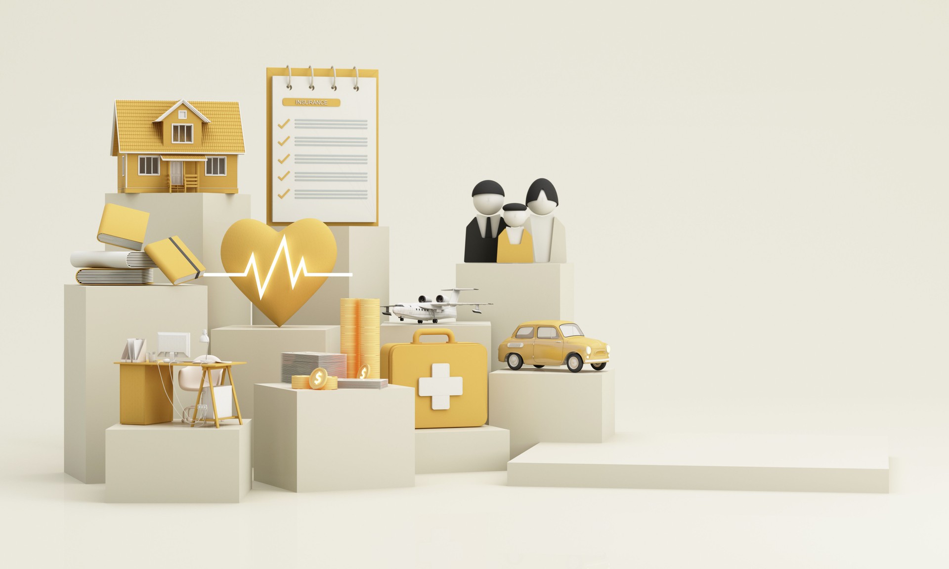 El cliente de la compañía de seguros contrata el concepto completo del seguro. Aseguramiento y seguros: automóvil, bienes raíces y propiedades, viajes, finanzas, salud, familia y vida. 3d renderizar amarillo