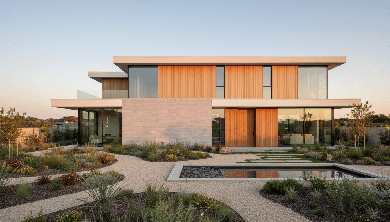 Fachada de casa contemporánea con jardín y porche al atardecer, ladrillo claro y vegetación, fotografía arquitectónica