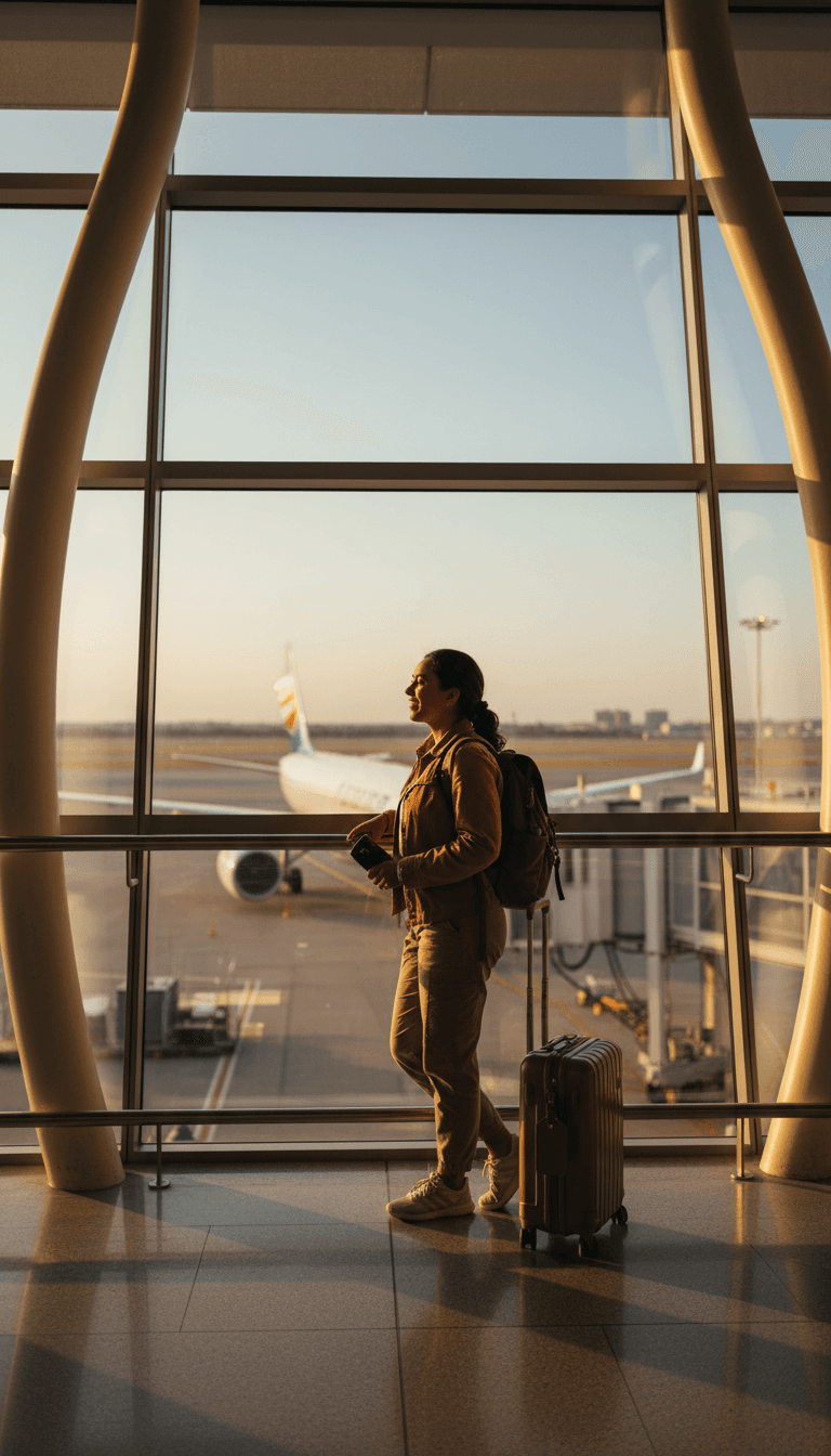 Viajero con maleta junto a ventanales de un aeropuerto al amanecer, maleta de cabina, luz dorada, fotografía cinematográfica
