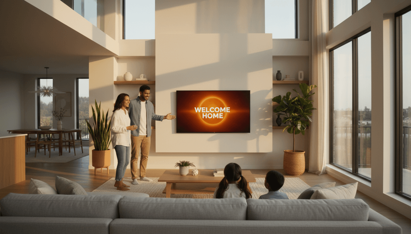 Familia latina abrazándose con alegría en una sala iluminada por luz natural