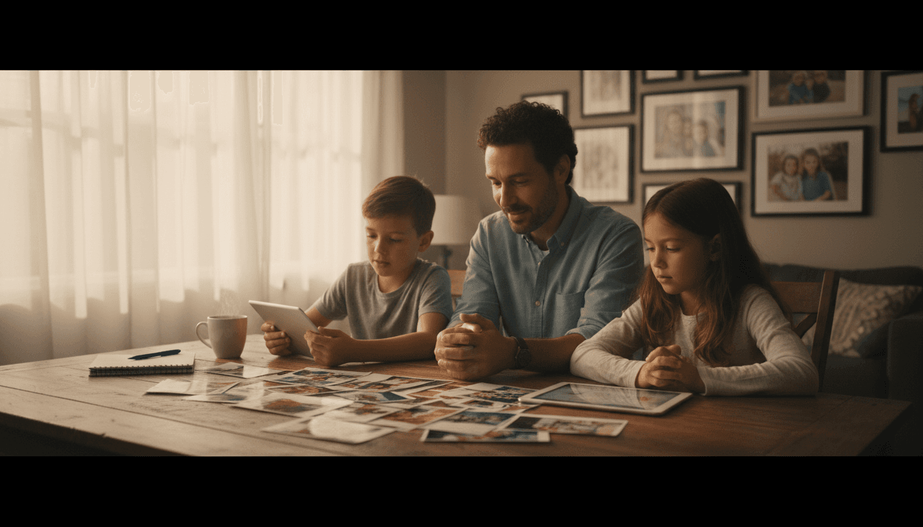 Diverse family reviewing search information together on tablet in sunlit living room with photographs and notes