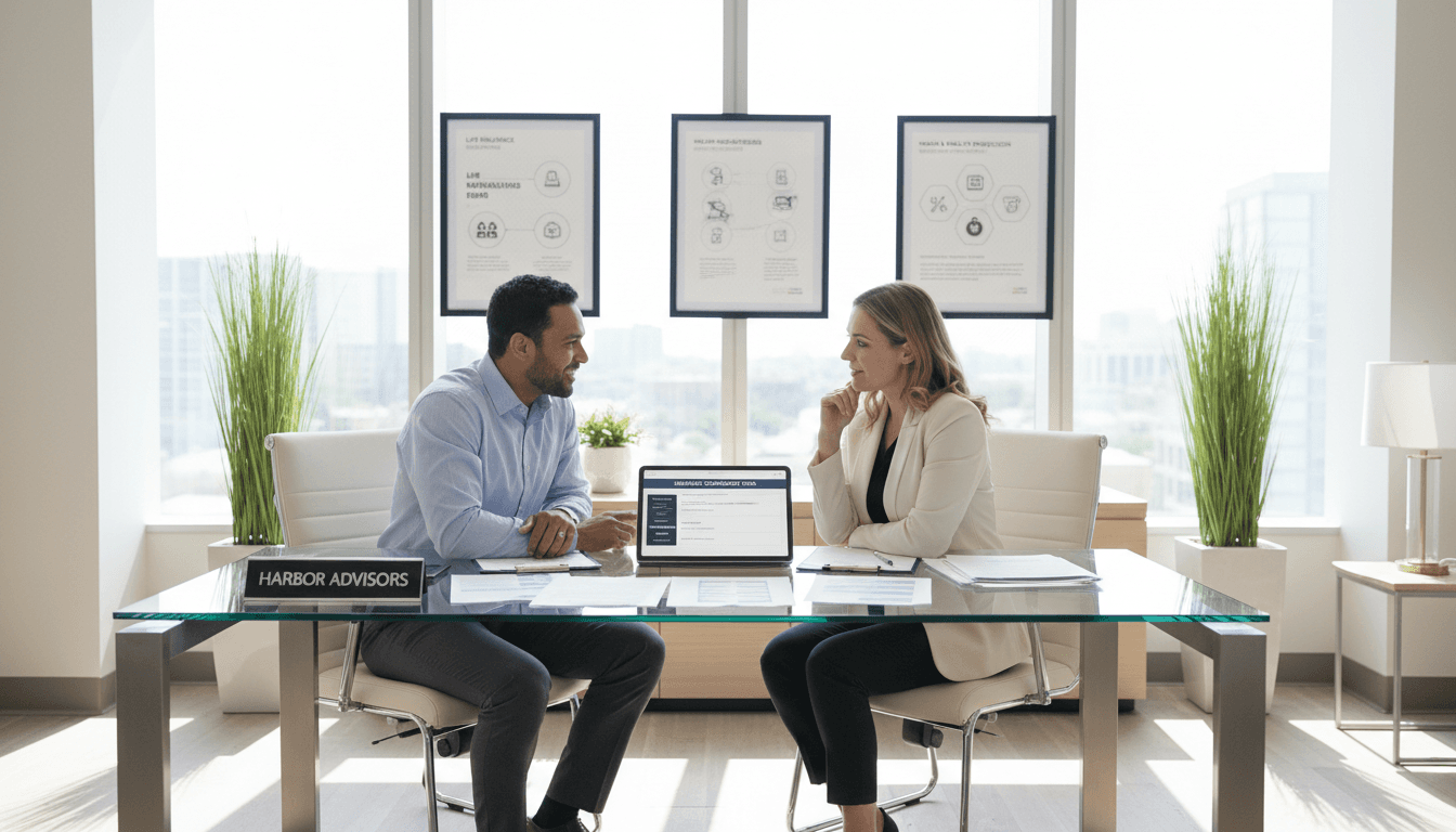Asesora de seguros conversando con clientes en una oficina moderna y luminosa