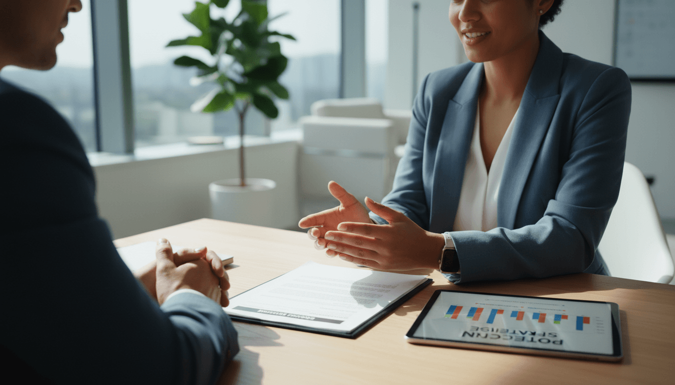 Insurance advisor reviewing policy documents with client in warm office setting